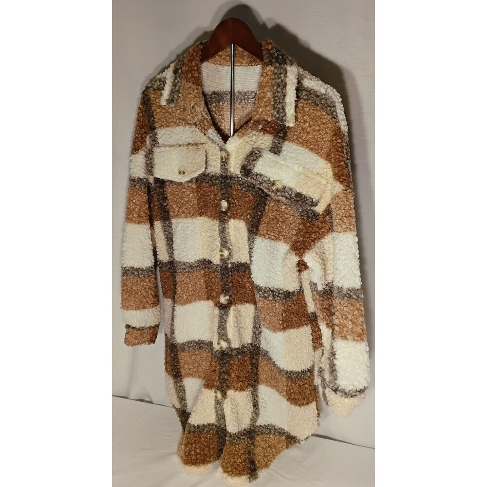 Shein Brown Tan White Plaid Pattern Fuzzy Teddy Shacket Coat from SHEIN